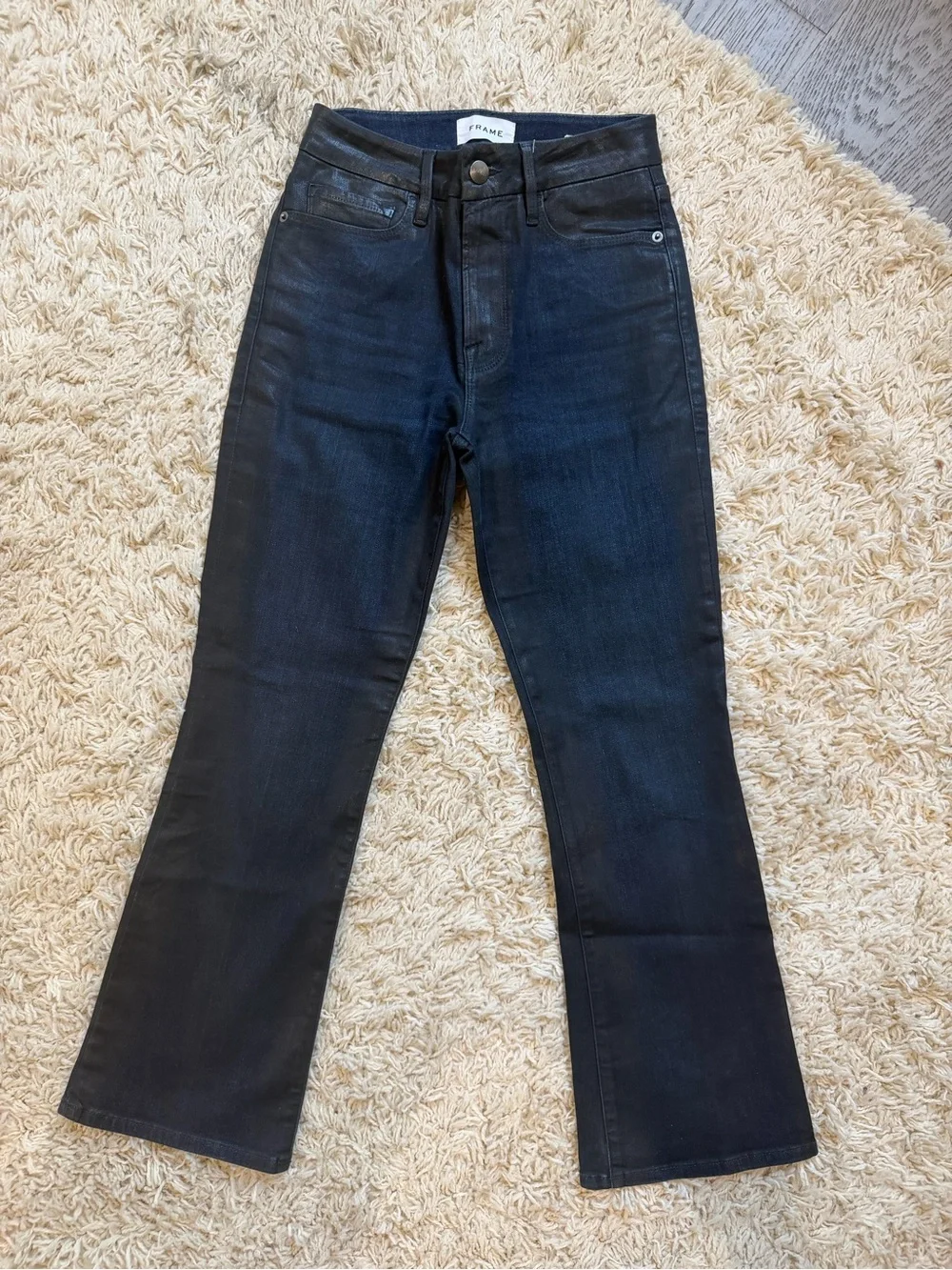 FRAME Le Crop Mini Boot Coated Jeans Epicure Dark Indigo Waxed Denim - Picture 2 of 8